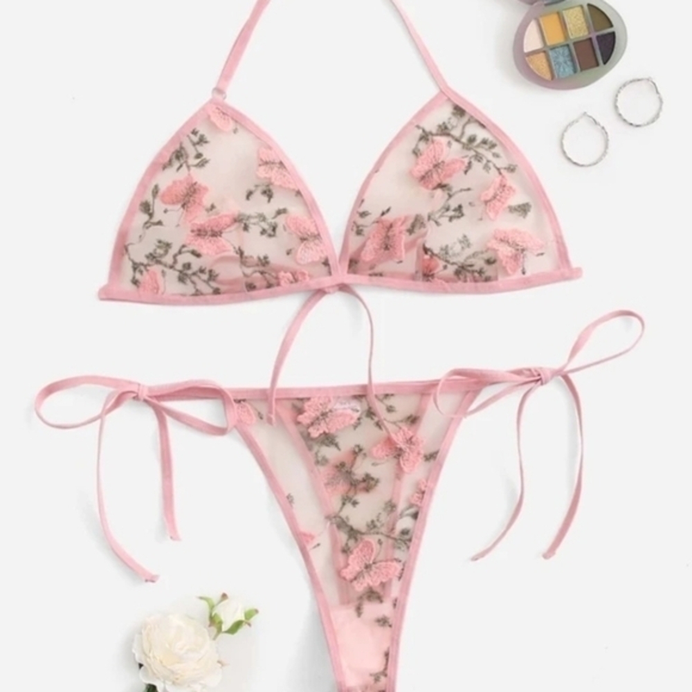 Lingerie Set Butterfly Embroidery Mesh‎ Pink, XL Large